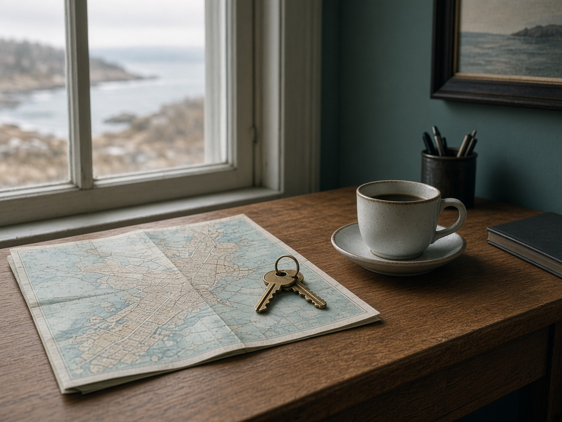 Quiet brokerage desk with a street map and a set of house keys