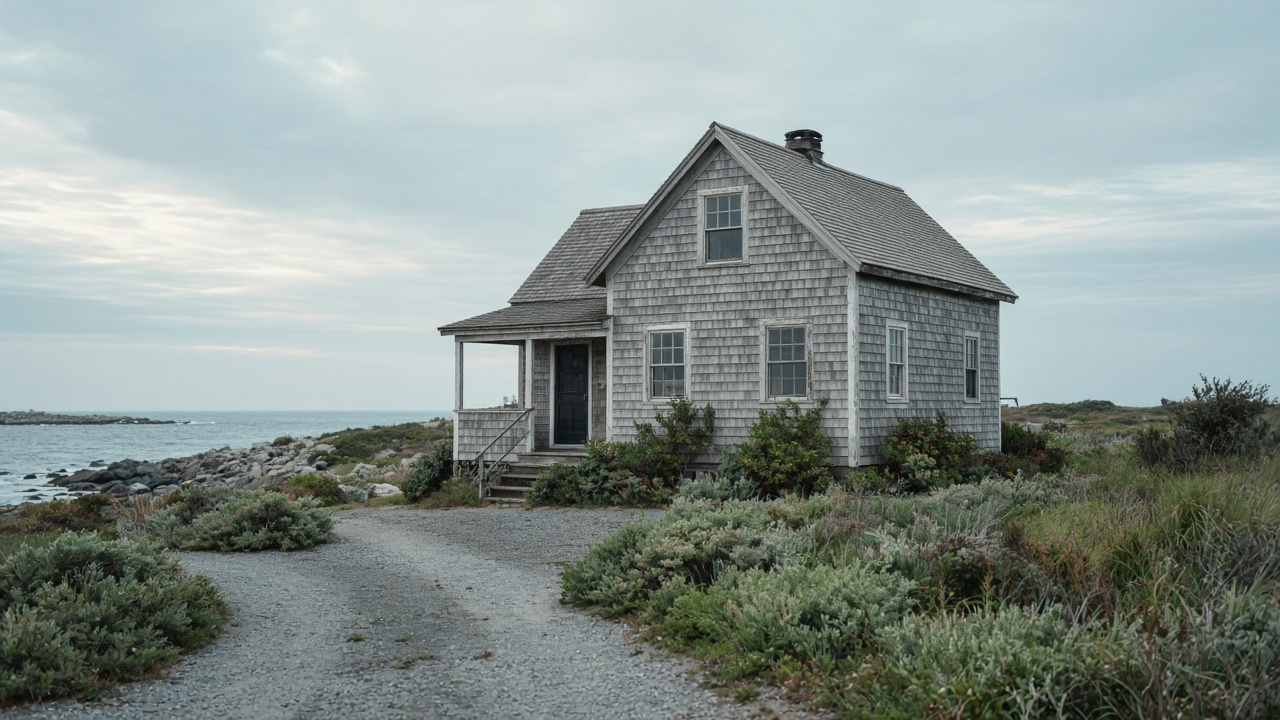 Coastal cottage with weathered shingles and a gravel drive