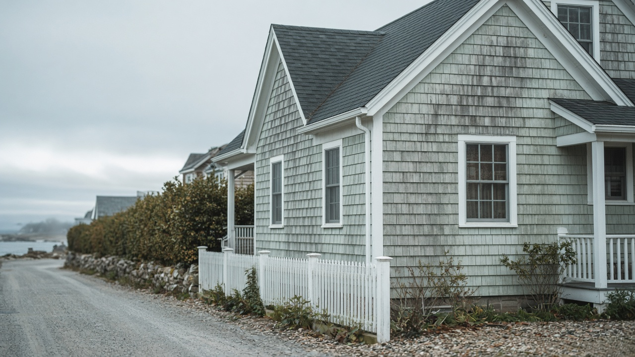 Shingle house on a quiet South Coast street in flat morning light